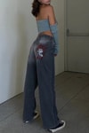 Yeni Gri Double Fire Skull Streetwear Yıkamalı Jean Pantolon