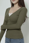 Yeşil Dantelli Düğmeli Y2K Uzun Kollu Crop 