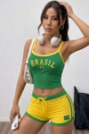 Yeşil Vintage Brasil Sarı Şeritli Crop Yeşil Şort İkili Takım