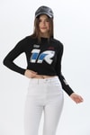 Baskılı İnce Fitilli Crop Ottoman Bluz Siyah