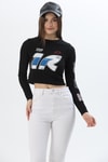 Baskılı İnce Fitilli Crop Ottoman Bluz Siyah