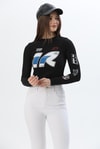 Baskılı İnce Fitilli Crop Ottoman Bluz Siyah