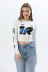 Baskılı İnce Fitilli Crop Ottoman Bluz Beyaz