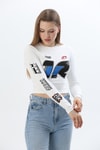 Baskılı İnce Fitilli Crop Ottoman Bluz Beyaz