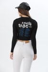 Baskılı İnce Fitilli Crop Ottoman Bluz Siyah