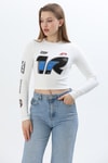 Baskılı İnce Fitilli Crop Ottoman Bluz Beyaz