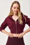 Bel Detaylı Fermuarlı Crop Sweatshirt Bordo
