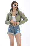 Bel Detaylı Fermuarlı Crop Sweatshirt Haki