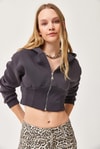 Bel Detaylı Fermuarlı Crop Sweatshirt Füme