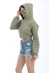 Bel Detaylı Fermuarlı Crop Sweatshirt Haki