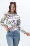 Bisiklet Yaka Desenli Sweatshirt Beyaz