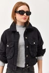 Crop Oversize Efektli Siyah Kot Ceket