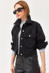 Crop Oversize Efektli Siyah Kot Ceket