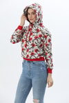 Kapüşonlu Çiçek Desenli İki İplik Sweatshirt Kırmızı