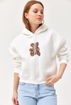 Nakışlı Kapüşonlu Üç İp Sweatshirt Beyaz