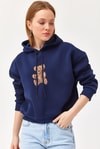Nakışlı Kapüşonlu Üç İp Sweatshirt Lacivert
