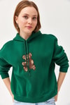 Nakışlı Kapüşonlu Üç İp Sweatshirt Yeşil