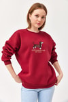 Nakışlı Şardonlu Üç İp Bayan Sweatshirt Bordo