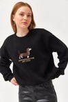 Nakışlı Şardonlu Üç İp Bayan Sweatshirt Siyah