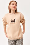 Nakışlı Şardonlu Üç İp Bayan Sweatshirt Bej