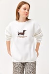 Nakışlı Şardonlu Üç İp Bayan Sweatshirt Beyaz