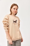 Nakışlı Şardonlu Üç İp Bayan Sweatshirt Bej