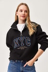 Nyc Nakışlı Fermuar Detaylı Dik Yaka Oversize Sweatshirt Siyah