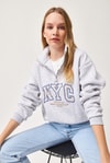 Nyc Nakışlı Fermuar Detaylı Dik Yaka Oversize Sweatshirt Gri
