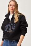 Nyc Nakışlı Fermuar Detaylı Dik Yaka Oversize Sweatshirt Siyah