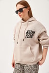 Oversize Kapüşonlu Kanguru Cepli Sweatshirt Bej