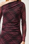 Tek Omuz Astarlı Ekose Maxi Boy Tül Elbise Bordo