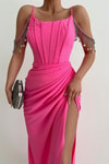 Luster Drape Derin Yırtmaç Abiye Pembe