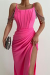Luster Drape Derin Yırtmaç Abiye Pembe