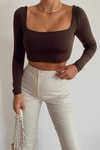 Crop Kare Yaka Bluz Koyu Kahve