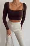 Crop Kare Yaka Bluz Koyu Kahve