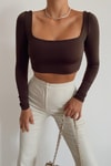 Crop Kare Yaka Bluz Koyu Kahve