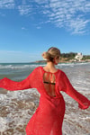 Pullu Beachwear Triko Elbise Kırmızı