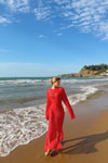 Pullu Beachwear Triko Elbise Kırmızı