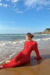 Pullu Beachwear Triko Elbise Kırmızı