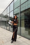 Yan Cepli Deri Yırtmaçlı Etek Siyah