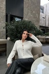 Damla Dekolteli Düğmeli Kazak Krem