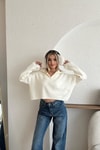 Fermuar Detay Çelik Örme Triko Ekru