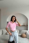 Kısa Kollu Yumoş Kazak Şeker Pembe