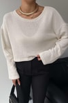 Yuvarlak Yaka Triko Crop Kazak Krem