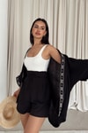 Etnik İşlemeli Keten Kimono Siyah