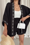 Etnik İşlemeli Keten Kimono Siyah