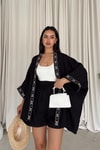 Etnik İşlemeli Keten Kimono Siyah