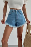 Püsküllü Mini Jean Şort Mavi