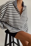 Fermuar Yaka Çizgili Oversize Sweat Füme