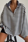 Fermuar Yaka Çizgili Oversize Sweat Füme